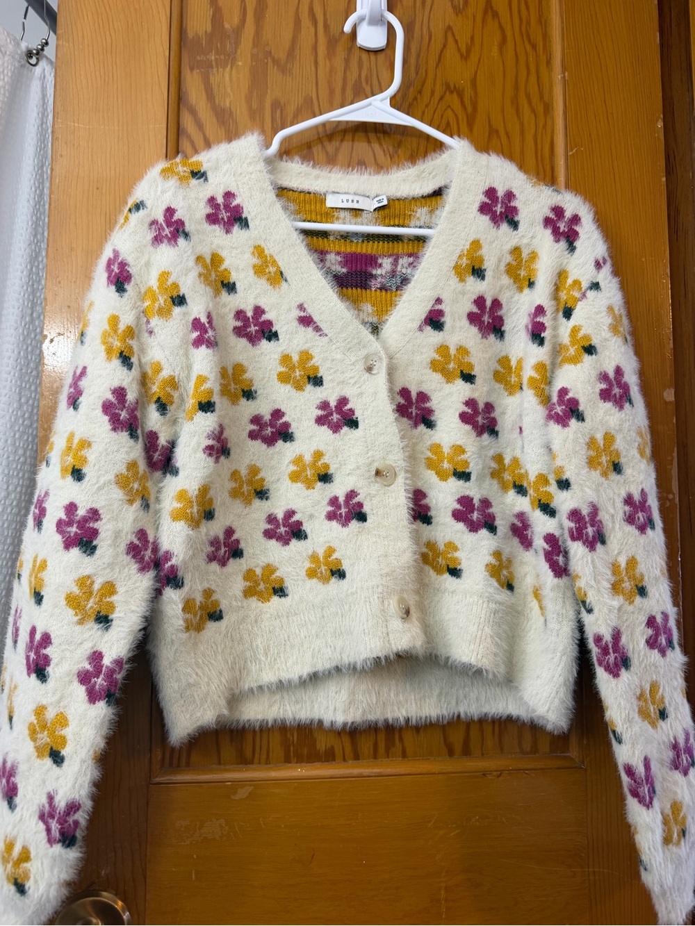 Lush Fuzzy Cream Floral V‑Neck Button Cardigan Plum & Mustard Flowers Large L